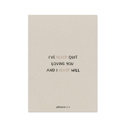 Duurzame wenskaart gemaakt van landbouwafval jeremiah 31:3