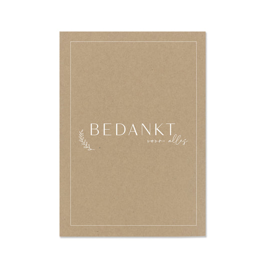 Duurzame wenskaart kraft met de tekst bedankt voor alles