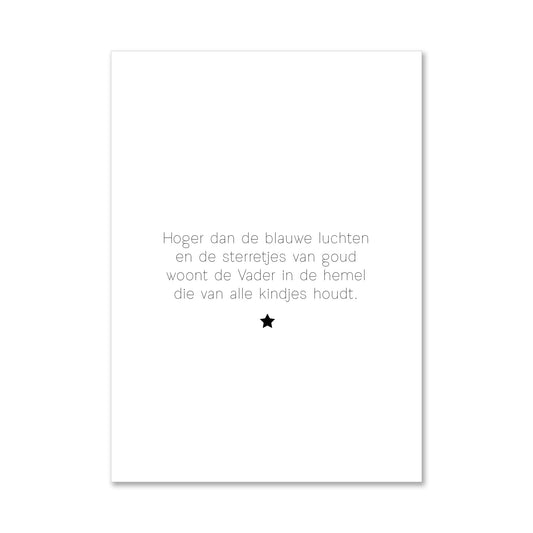 Duurzame witte wenskaart hoger dan de blauwe luchten en de sterretjes van goud woont de Vader in de hemel die van alle kindjes houdt